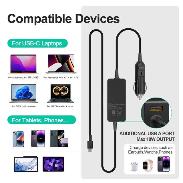 Alt view image 14 of 14 - 100W Car Charger, Laptop Car Charger Compatible with Dell Latitude/Precision/XPS, Compatible with MacBook Pro/Air, Compatible with HP Spectre/Elitebook, Compatible with Samsung DC Adapter