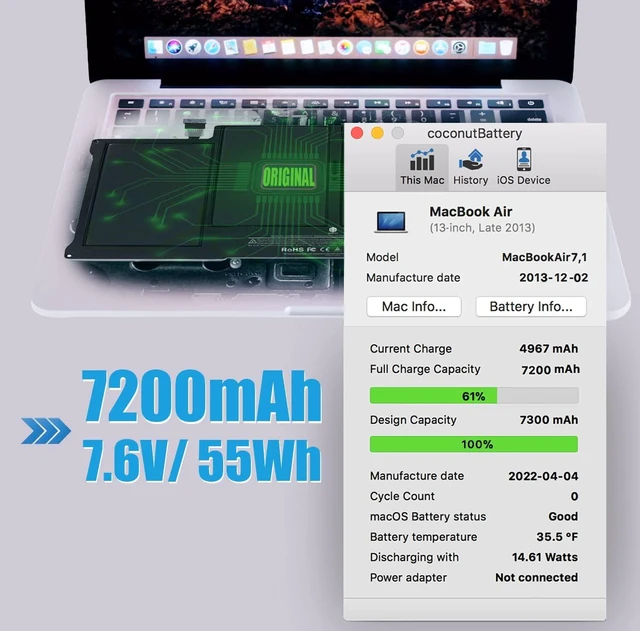 Alt view image 2 of 5 - A1466 Battery MacBook Air Battery Replacement for MacBook Air 13 inch A1466 (Mid 2012, Mid 2013, Early 2014, Early 2015, 2017) A1369(Late 2010,Mid 2011)2nd Version Upgrade Battery A1496 A1405 A1377