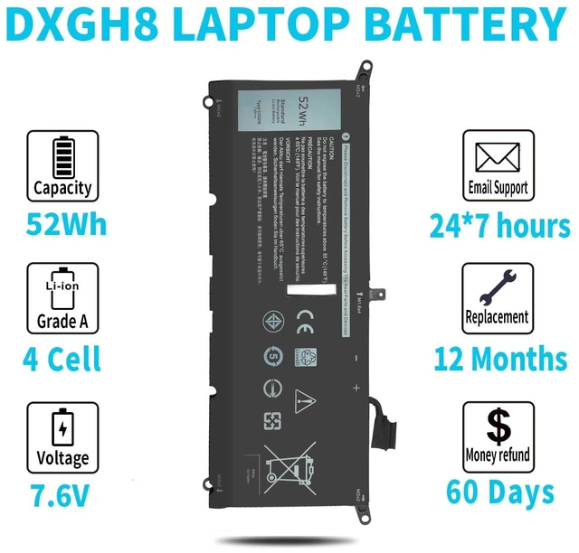 Alt view image 5 of 5 - 52Wh DXGH8 7.6V Battery for Dell XPS 13 9370 9380 Inspiron 13 7390 7391 2-in-1 5390 5391 14 7490 Latitude 3301 Vostro 13 5390 5391 G8VCF H754V 0H754V V48RM HK6N5 P82G P82G002 P113G P114G P115G 4 Cell