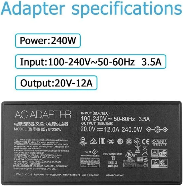 Alt view image 4 of 7 - 240W Charger Adapter Fit for Asus ADP-240EB B TUF Gaming A15 A17 F15 F17 FA507NU FA507NV FA507XI FA707NU FA707NV FA707XI ROG Zephyrus G14 G16 GU603VI GU603VU GU603VV GU603ZI GU603ZV