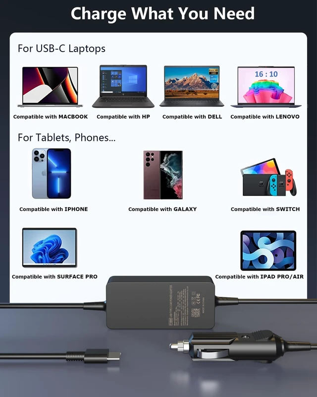 Alt view image 12 of 14 - 100W USB C Laptop Car Charger Compatible with HP Spectre/Elitebook, Lenovo ThinkPad/Yoga/IdeaPad, MacBook pro/air, Dell, Samsung, Asus, Acer - Universal Type C Laptop Power Adapter Cord