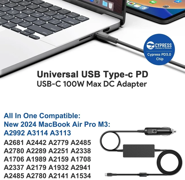 Alt view image 10 of 14 - Laptop Car Charger USB C PD 100W 95W 90W 65W 45W DC Adapter for Lenovo Thinkpad/Yoga/IdeaPad,Dell Latitude/XPS,LG Gram,MacBook Pro/Air,HP Spectre/Elitebook,Surface,Acer,Asus,MSI,Chromebook Charger