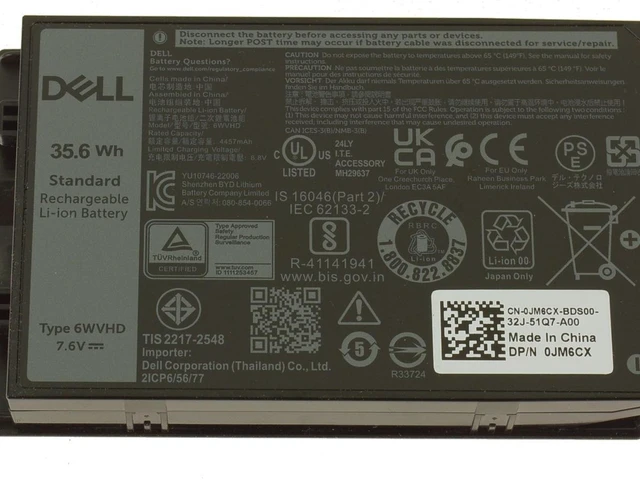 Alt view image 2 of 6 - Dell Latitude 7230 Rugged Extreme Tablet 2-cell 35.6Wh OEM Battery 6WVHD