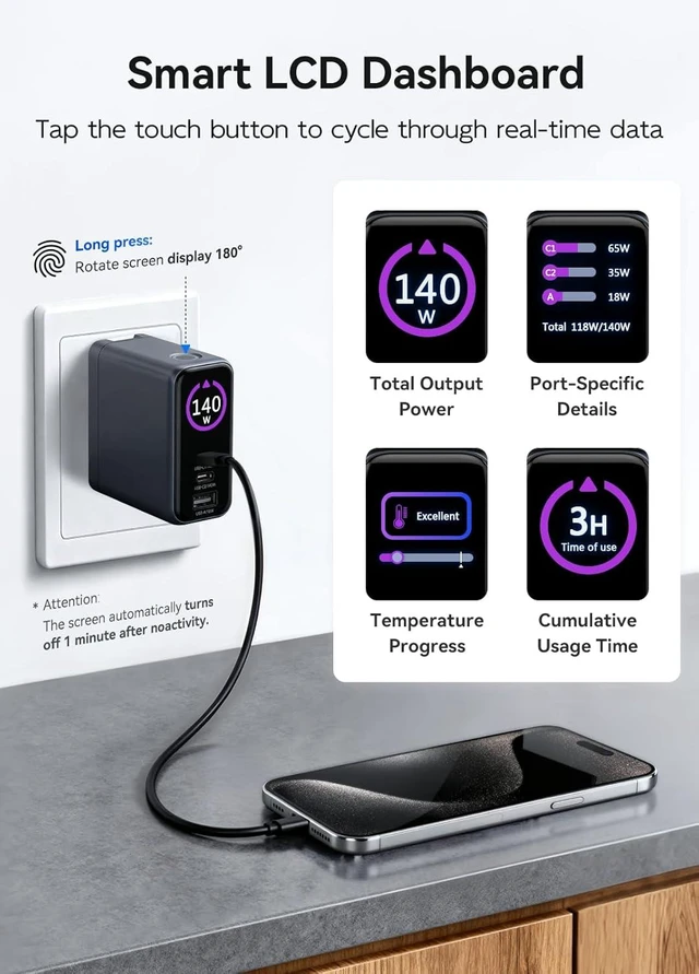 Alt view image 3 of 7 - 140W USB C Charger Laptop Charger 140 Watt MAX GaN PD3.1 PPS Power Adapter Multi Devices Fast Charging Wall Charger for MacBook Chromebook iPad iPhone 16/17 Touch Control LCD