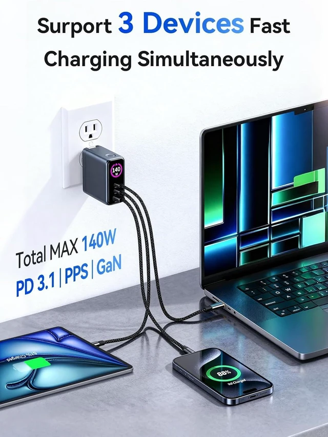 Alt view image 4 of 7 - 140W USB C Charger Laptop Charger 140 Watt MAX GaN PD3.1 PPS Power Adapter Multi Devices Fast Charging Wall Charger for MacBook Chromebook iPad iPhone 16/17 Touch Control LCD