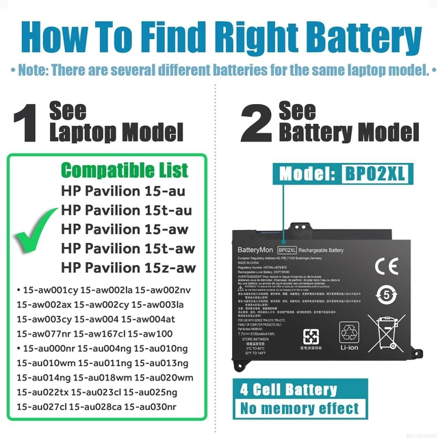 Alt view image 5 of 5 - 849909-850 BP02XL Battery Compatible with HP Pavilion 15-AU 15T-AU 15-au010wm 15-au018wm 15-au020wm 15-au030wm, Pavilion 15-AW 15-aw100 15-aw002nv 15-aw007cy 15-aw010na 15-aw022nd 15-aw053nr Laptop