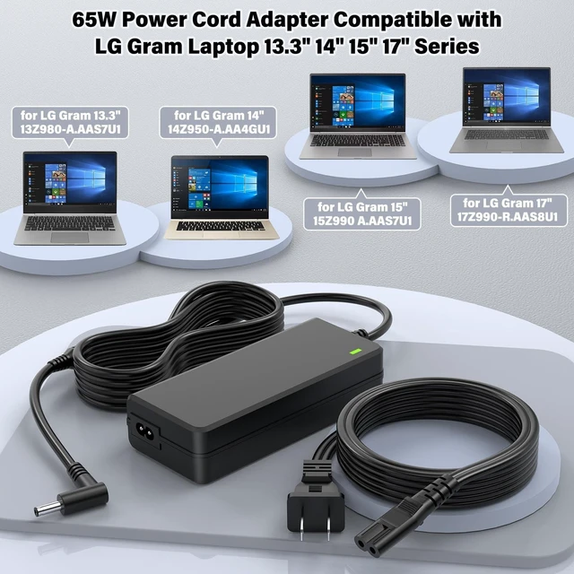 Alt view image 2 of 5 - 19V 65W Laptop Charger Compatible with LG Gram Notebook Laptop, Power Cord AC Adapter for LG Gram 13Z950 13Z970 14Z950 14Z970 15Z960 15Z970 17Z990 17z90n Laptop 13.3" 14" 15" 17", Fit for 48W 45W 40W