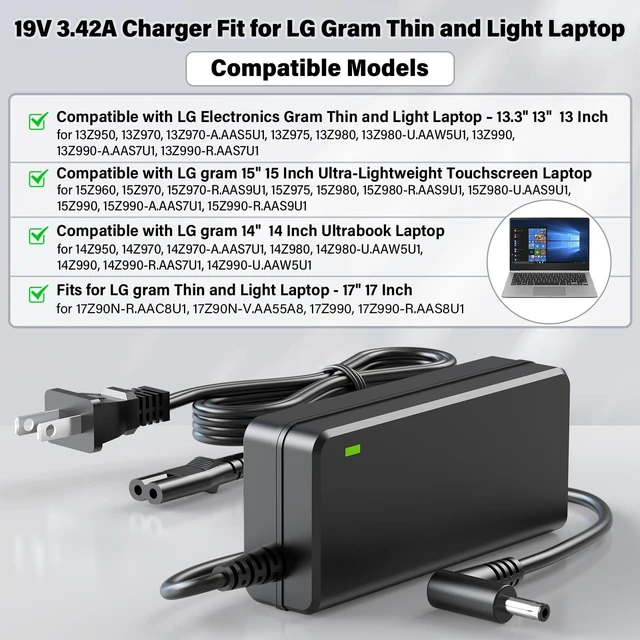 Alt view image 3 of 5 - 19V 65W Laptop Charger Compatible with LG Gram Notebook Laptop, Power Cord AC Adapter for LG Gram 13Z950 13Z970 14Z950 14Z970 15Z960 15Z970 17Z990 17z90n Laptop 13.3" 14" 15" 17", Fit for 48W 45W 40W