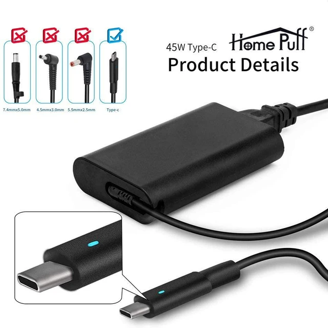Alt view image 3 of 7 - USB C 45W Laptop Power AC Adapter Charger Fit for Dell XPS 12 9250,13 9350 9370, Latitude 7370 7275 5285 5289, Compatible with MacBook, Asus, Acer, HP, Type C Power Supply.