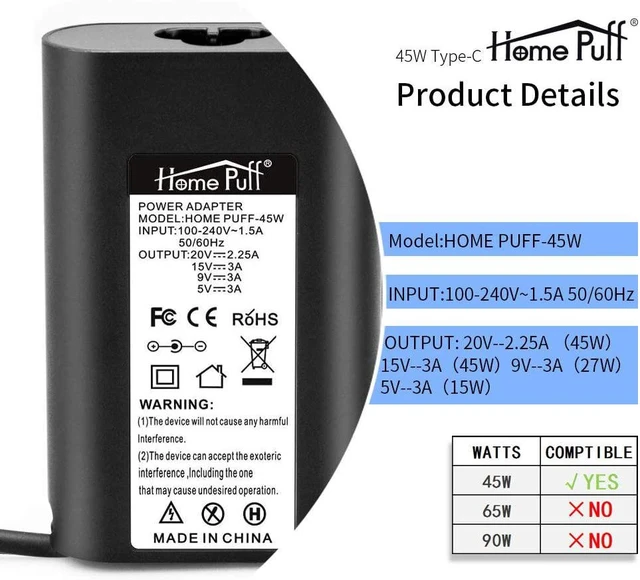 Alt view image 2 of 7 - USB C 45W Laptop Power AC Adapter Charger Fit for Dell XPS 12 9250,13 9350 9370, Latitude 7370 7275 5285 5289, Compatible with MacBook, Asus, Acer, HP, Type C Power Supply.