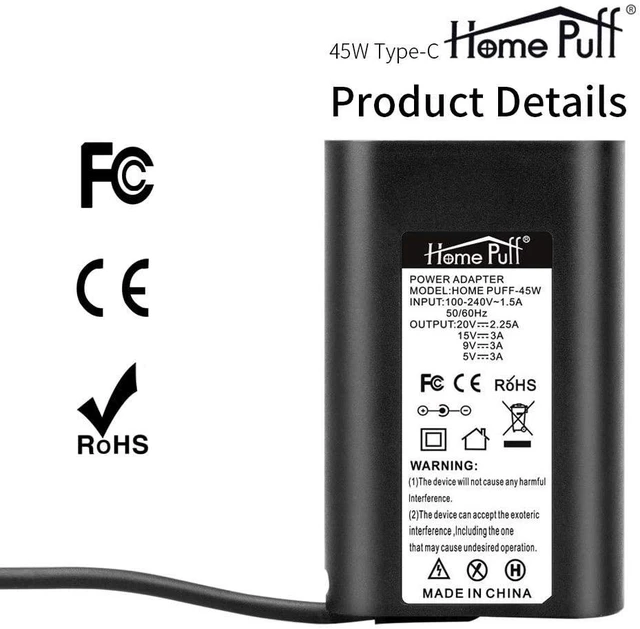 Alt view image 6 of 7 - USB C 45W Laptop Power AC Adapter Charger Fit for Dell XPS 12 9250,13 9350 9370, Latitude 7370 7275 5285 5289, Compatible with MacBook, Asus, Acer, HP, Type C Power Supply.
