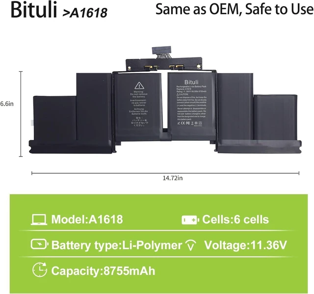 Alt view image 2 of 6 - A1494 A1398 Laptop MacBook Pro Battery A1618 Replacement for MacBook Pro 15 Inch Retina A1398 (Late 2013, Mid 2014, Early 2015)