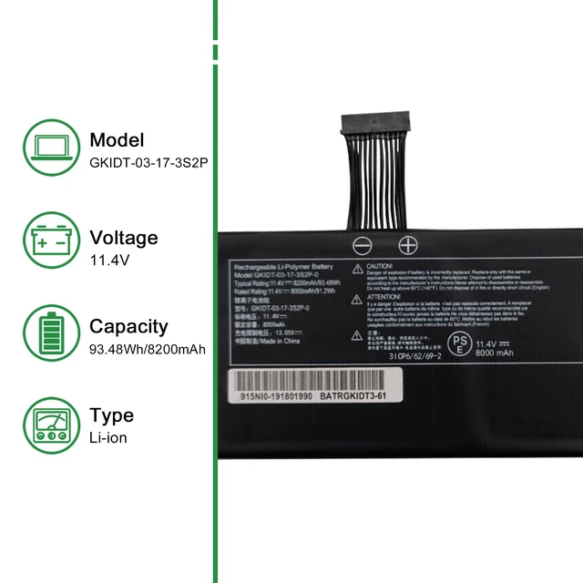 Alt view image 2 of 5 - JIAZIJIA GKIDT-03-17-3S2P-0 Laptop Battery Replacement for XMG Fusion 15 XFU15L19 Series Notebook BATRGKIDT3-6102 Black 11.4V 93.48Wh 8200mAh