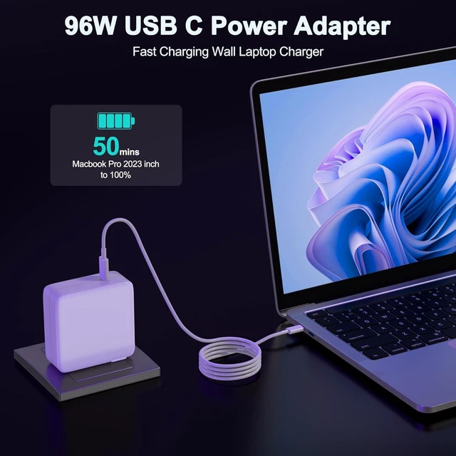 Alt view image 2 of 6 - 96W Replacement for MacBook Pro Charger USB C Power Adapter for Mac Book Pro Air 13 14 15 16 Retina M3 M2 M1 2023 2022 2021 2020 2019 2018 Fast Charging Charger Fit Iphone/1516/IPad & All USB C Device