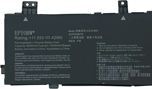 Alt view image 2 of 5 - C31N1843 Laptop Battery 42Wh 3640mAh 3-Cell 11.55V Compatible with Asus X432FA X532FA X532FL / VivoBook S15 S532FL S532FL-DB77 / VivoBook S14 S432FA S432FA-EB008T Series 0B200-03430000