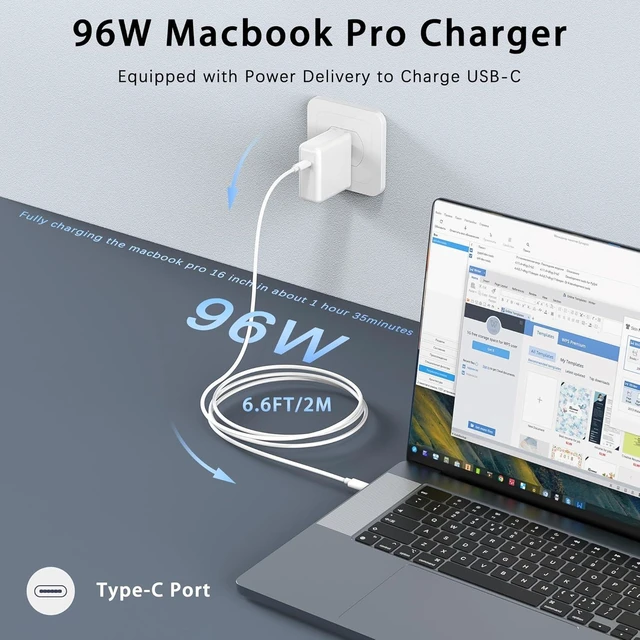 Alt view image 2 of 7 - Mac Book Pro Charger - 96W USB C Charger Fast Charger Compatible with USB c Port MacBook pro & MacBook Air ipad Pro All USB C Device Type C to Type C Cable Power Adapter Included 6.6 ft