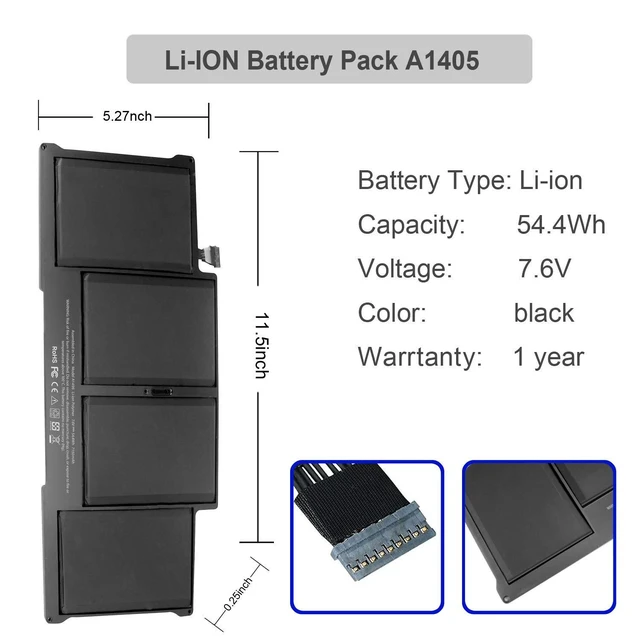 Alt view image 3 of 5 - A1466 A1496 A1405 Replacement Battery for MacBook Air 2017, Early 2015 Early 2014, Mid 2013 Mid 2012 Mid 2011, Late 2010 Fits A1396 A1405 A1496 A1377