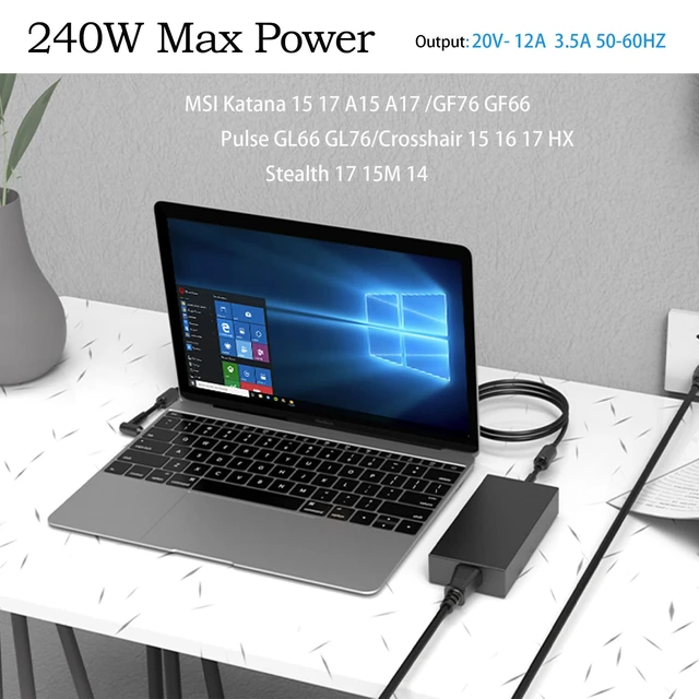 Alt view image 3 of 5 - 240W 12A Adapter fit for MSI Katana 15 17 b12v b13v b13vk b13vfk Katana GF76 GF66 Delta 15 A5EFK Sword/Crosshair 15 16 HX 17 Pulse GL76 GL66 MS-17K3 MS-14K1 A20-240P2A Gaming Laptop Charger (4.5X3.0)