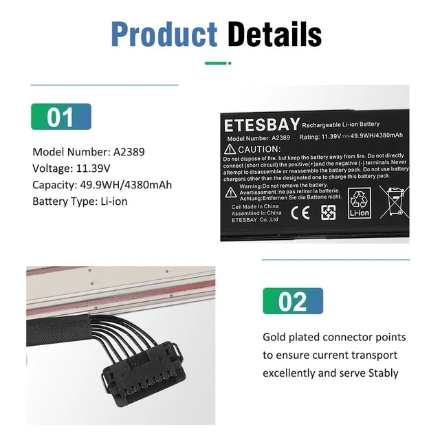 Alt view image 5 of 5 - ETESBAY A2389 A2337 Battery Replacement for MacBook Air 13 Inch A2337 M1 2020 EMC 3598 MGN53LL/A MGN83LL/A MGN63LL/A MGN93LL/A MGND3LL/A MGN73LL/A MGNA3LL/A MGNE3LL/A MVH22LL/A MWTJ2LL/A 11.39V