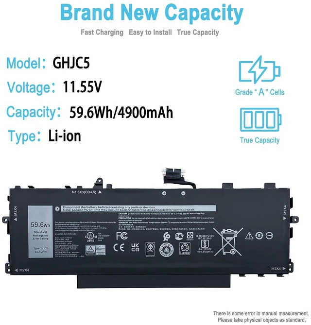 Alt view image 2 of 5 - TAICROWNE 59.6Wh GHJC5 Replacement Laptop Battery for Dell Latitude 9420 9420 2-in-1 Latitude 9430 9430 2-in-1 Series 4900mAh 11.55V