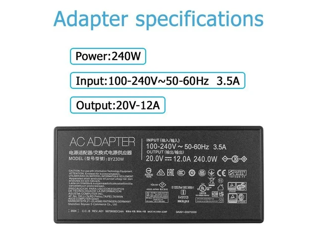 Alt view image 4 of 5 - 240W Charger Adapter Fit for Asus ADP-240EB B TUF Gaming A15 A17 F15 F17 FA507NU FA507NV FA507XI FA707NU FA707NV FA707XI ROG Zephyrus G14 G16 GU603VI GU603VU GU603VV GU603ZI GU603ZV