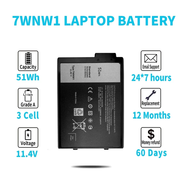 Alt view image 5 of 5 - 51Wh Type 7WNW1 11.4V Laptop Battery Replacement for Dell Latitude 14 5424 Rugged, Latitude 5420 Rugged, Latitude 7424 Rugged Extreme P85G P85G001 P86G P86G001 451-BCHV DMF8C GK3D3 6NNCF DP3KF DMF0C