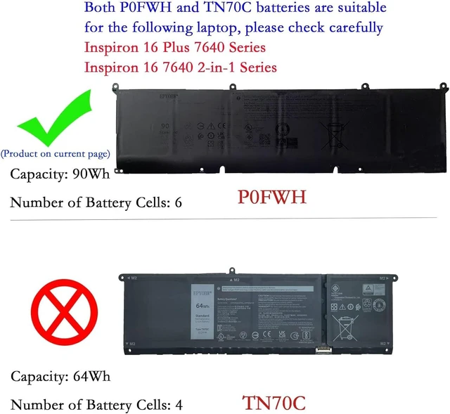 Alt view image 2 of 3 - P0FWH Laptop Battery 90Wh 7692mAh 6-Cell 11.7V Compatible with Dell Alienware m16 R2 / Inspiron 16 Plus 7640 / Inspiron 16 7640 2-in-1 Series POFWH