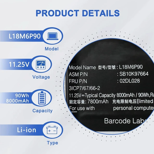Alt view image 2 of 5 - JOTACT L18M6P9011.25V 90Wh/8000mAh 6-Cell Laptop Battery Compatible with ThinkPad P53 Series Notebook SB10K97664 02DL028 L18C6P90 02DL029