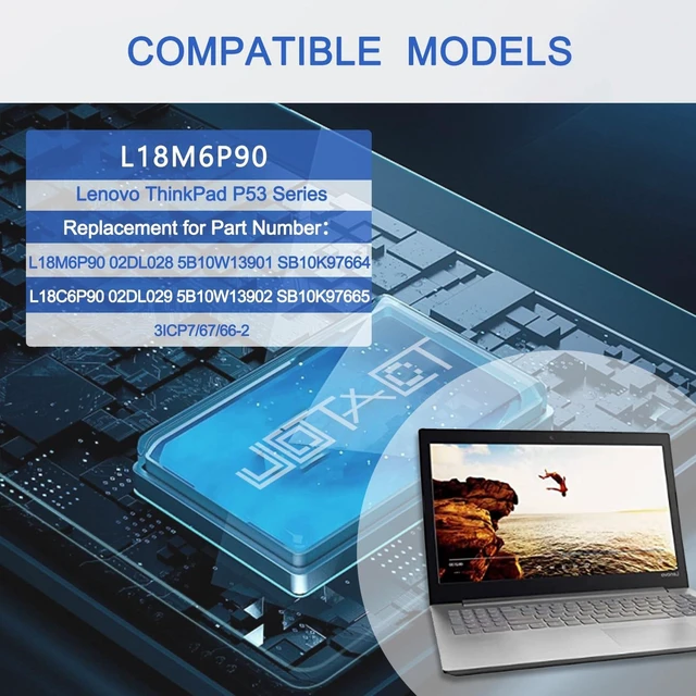 Alt view image 3 of 5 - JOTACT L18M6P9011.25V 90Wh/8000mAh 6-Cell Laptop Battery Compatible with ThinkPad P53 Series Notebook SB10K97664 02DL028 L18C6P90 02DL029