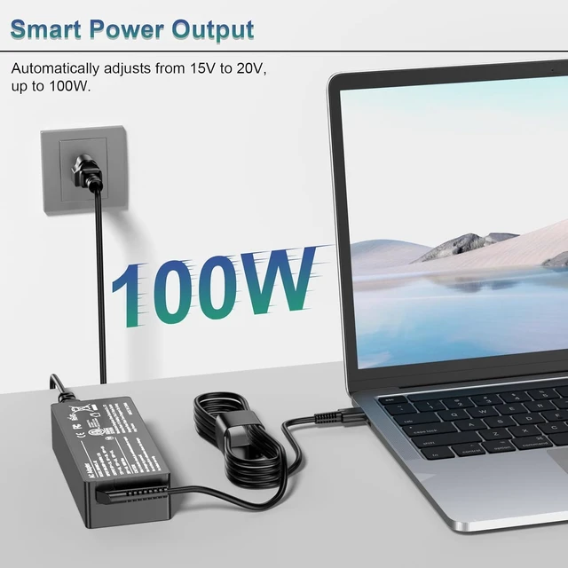 Alt view image 2 of 7 - USB C Laptop Charger 100W Fast PD 3.0 Power Adapter with 6.6ft Cable Universal Compatible with Thinkpad HP MacBook and All USB-C Device Travel Friendly CE/FCC/ETL Certified