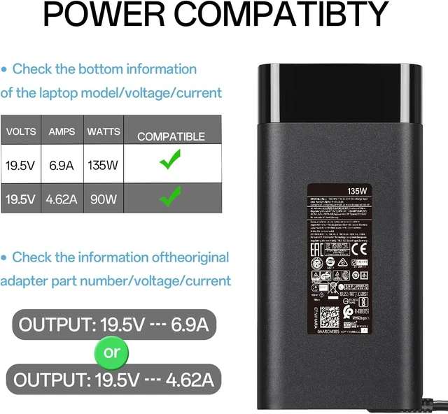 Alt view image 2 of 7 - 135W 19.5V 6.9A Laptop Charger for HP Spectre X360 15 15T 16 Pavilion Gaming 15 16 15-ec0751ms Omen 15 G5 G6 17 Envy 13 14 15 16 L15534-001 TPN-DA11 TPN-CA13 917649-850 Ac Adapter Power Cord