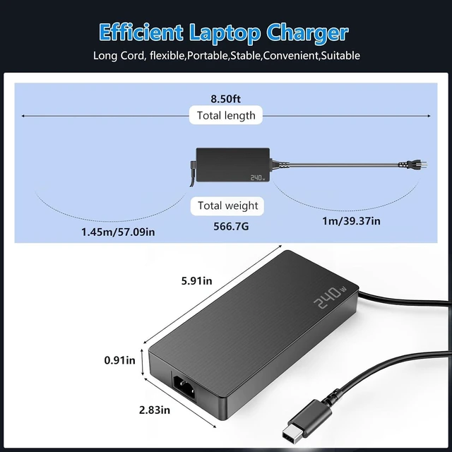 Alt view image 3 of 7 - New 240W 200W Laptop Charger for ASUS ROG Zephyrus/TUF G16 G14 A14 A16 A18(2024 2025) GA403 GA605 GU605 GA605WV GA605WI GU605MI GU605MU GU605C GU605M GU605MZ-XS96 FA808 FA401 ROG Flow Z13 ProArt PX13
