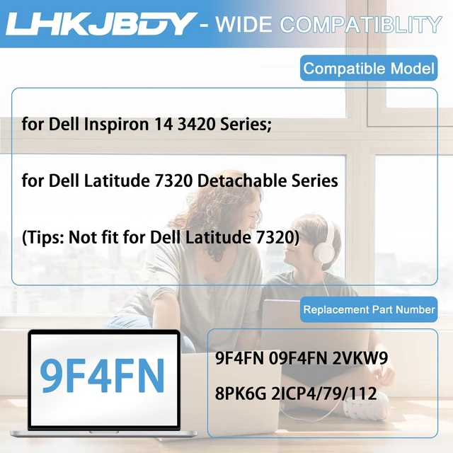 Alt view image 4 of 5 - 9F4FN Laptop Battery Replacement for Dell T04H T04H001 Latitude 7320 Detachable Series Inspiron 14 3420 Series 2VKW9 8PK6G 7.6V 40Wh 5263mAh