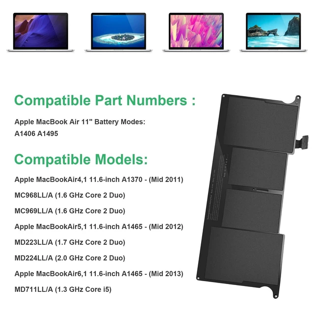 Alt view image 2 of 5 - ASUNCELL A1465 A1406 Battery for MacBook Air 11 Inch Early 2015, Early 2014, Mid 2013, Mid 2012, Mid 2011 Model A1370 A1495 Capacity 7.6V 39W 5100mAh
