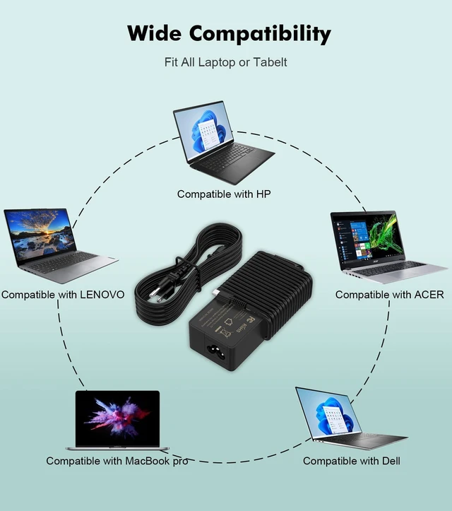 Alt view image 10 of 14 - USB-C-Laptop-Charger - Yenyoh 100W USB C Charger, Fast Charging Compatible with Lenovo ThinkPad HP Asus Acer MacBook MSI Dell Computer Tablet Chargers Adapters Type C Power Cord 90W 65W 45W PD 3.0