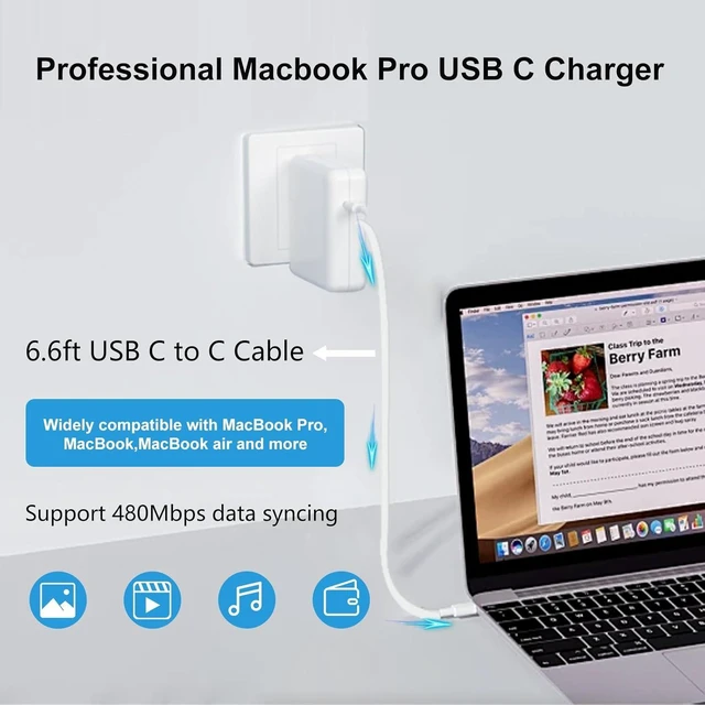 Alt view image 4 of 6 - 96W USB C Fast Charger Power Adapter Compatible with New Mac Book Air 13 Inch MacBook Pro 16 2021 2020 2019 2018 Included 6.6ft USB C Cable