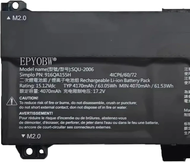 Alt view image 2 of 3 - SQU-2006 Laptop Battery 63.05Wh 4170mAh 4-Cell 15.12V Compatible with Hasee S8D6 Z7D6 Z8D6 / ThundeRobot 911X 911X1 Series 916QA155H 4ICP6/60/72