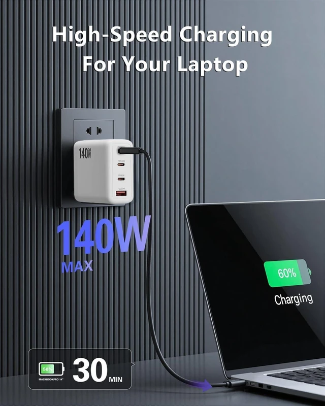 Alt view image 2 of 5 - 140W USB C Charger, 4-Port Foldable Compact Fast Laptop Charger Power Adapter, Advanced GaN Wall Charger, Compatible for MacBook Pro/Air, iPad Pro, iPhone 16, Galaxy S25, Steam Deck, and More (White)