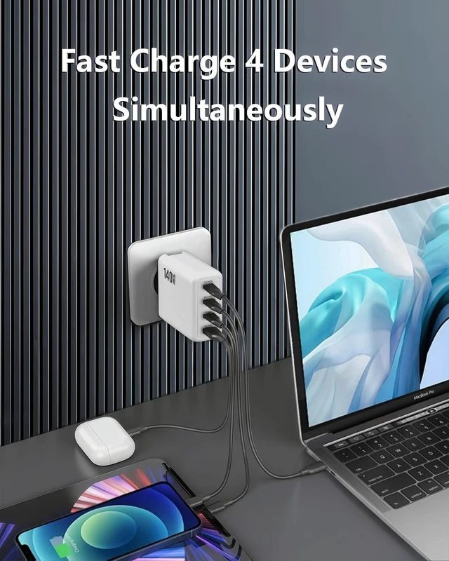 Alt view image 3 of 5 - 140W USB C Charger, 4-Port Foldable Compact Fast Laptop Charger Power Adapter, Advanced GaN Wall Charger, Compatible for MacBook Pro/Air, iPad Pro, iPhone 16, Galaxy S25, Steam Deck, and More (White)