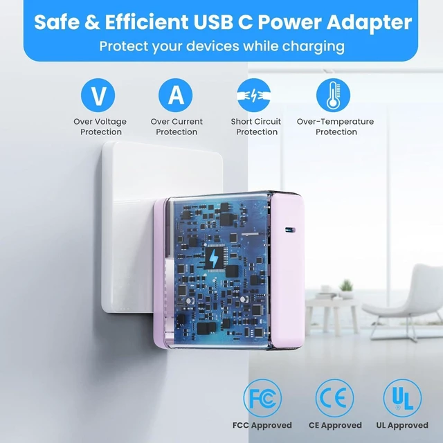 Alt view image 3 of 6 - Mac Book Pro Charger - 120W USB C Charger Fast Charger Compact Laptop Charger Adapter Compatible with USB C Port MacBook Pro/Air iPad Pro Galaxy and All USB-C Devices (Light Purple)