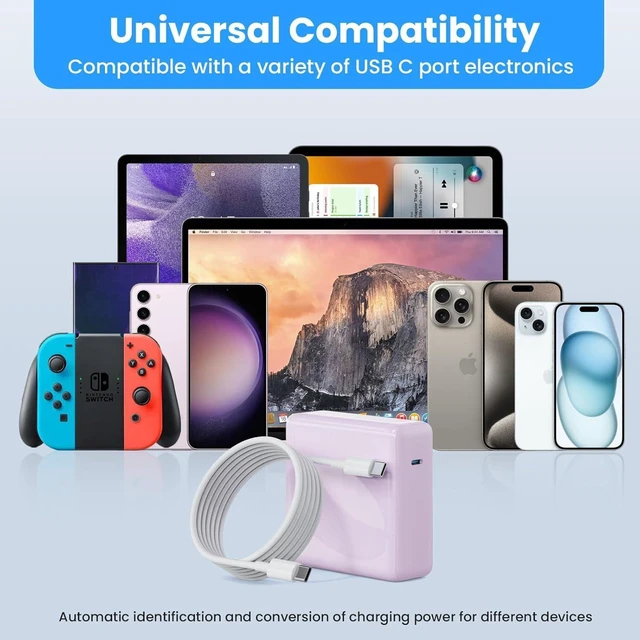 Alt view image 5 of 6 - Mac Book Pro Charger - 120W USB C Charger Fast Charger Compact Laptop Charger Adapter Compatible with USB C Port MacBook Pro/Air iPad Pro Galaxy and All USB-C Devices (Light Purple)
