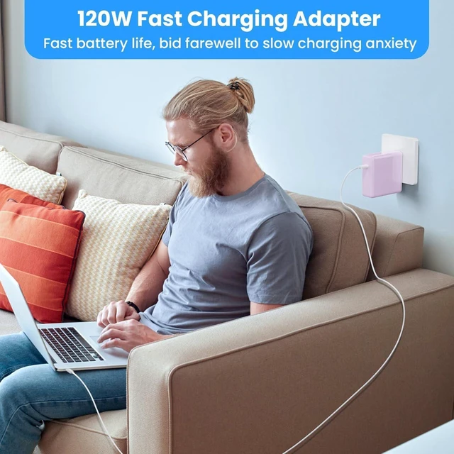 Alt view image 6 of 6 - Mac Book Pro Charger - 120W USB C Charger Fast Charger Compact Laptop Charger Adapter Compatible with USB C Port MacBook Pro/Air iPad Pro Galaxy and All USB-C Devices (Light Purple)