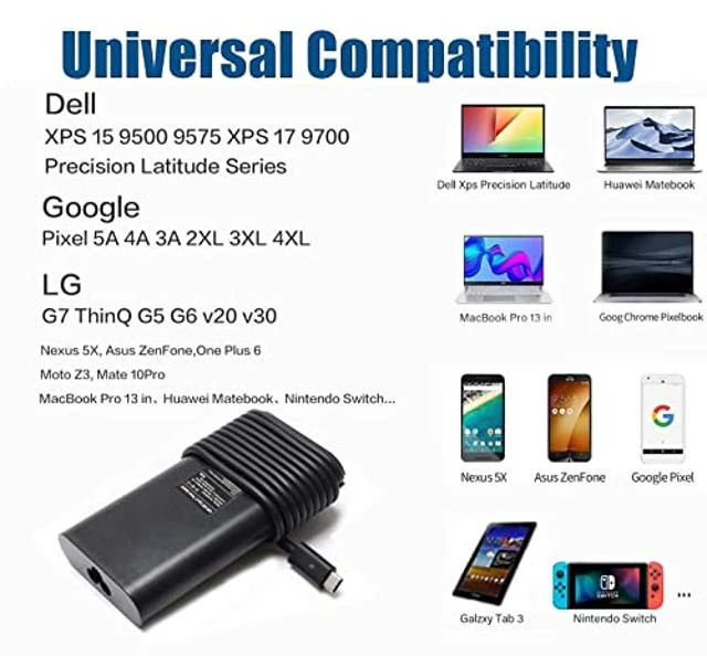 Alt view image 2 of 5 - 130W USB C Laptop Charger for Dell XPS 15 9500 7590 17 9700 9575 Precision 3560 3550 5560 5750 5550 5530 2in1 Latitude 7410 7310 7210 9410 9510 5420 5411 5501 Slim Power Adapter Type-C Replacement