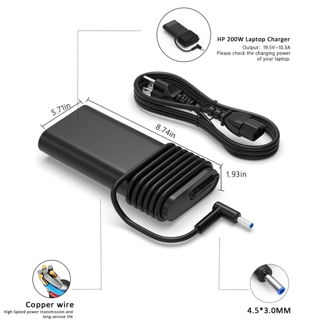 Alt view image 4 of 5 - 200W Laptop Charger for HP Victus Charger Victus 15 17 for HP Omen Pavilion Gaming 15 16 17 ZBook 17 15 15u Studio G9 G10 G4 G5 G6 G7 G8 Envy 15 15u 2020 TPN-DA10 Power Cord