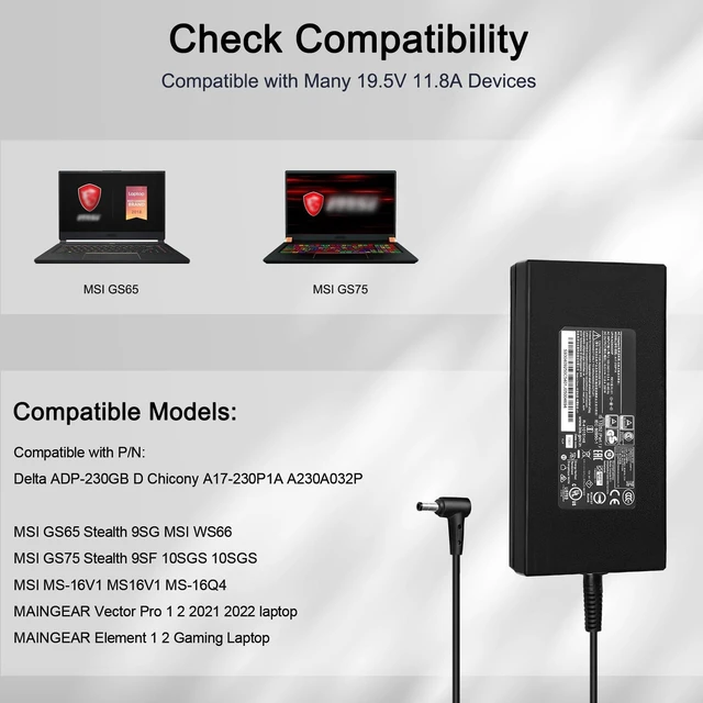 Alt view image 3 of 5 - FLGAN 230W Charger for ADP-230GB D A17-230P1A A230A032P MSI WS66 GS65 GS75 Stealth 9SG 9SF 10SGS 10SGS MS-16V1 MS-16Q4 Maingear Element 2 Vector Pro 2 2021 2022 Gaming Laptop power supply