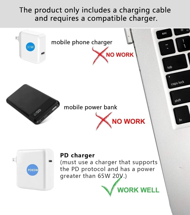 Alt view image 4 of 7 - 60W USB C to Magnetic 1 Charging Cable L-Tip Magnetic Head Compatible with MacBook Air Pro 2007-2012Only Charging Cable Need to use with PD65W Charger