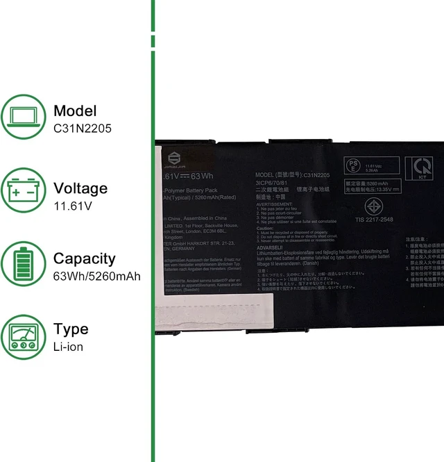 Alt view image 2 of 6 - C31N2205 Laptop Battery Replacement for Asus Chromebook CX34 Flip CX3401 ExpertBook B3 B3404CVF Series Notebook Black 11.61V 63Wh 5260mAh