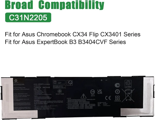 Alt view image 5 of 6 - C31N2205 Laptop Battery Replacement for Asus Chromebook CX34 Flip CX3401 ExpertBook B3 B3404CVF Series Notebook Black 11.61V 63Wh 5260mAh