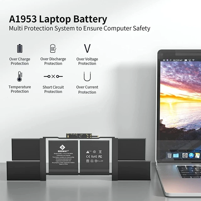 Alt view image 4 of 6 - A1990 Laptop Battery, Egoway A1953 Replacement for MacBook Pro 15 inch Touch Bar A1990 (Mid 2018, 2019), EMC 3215 3359