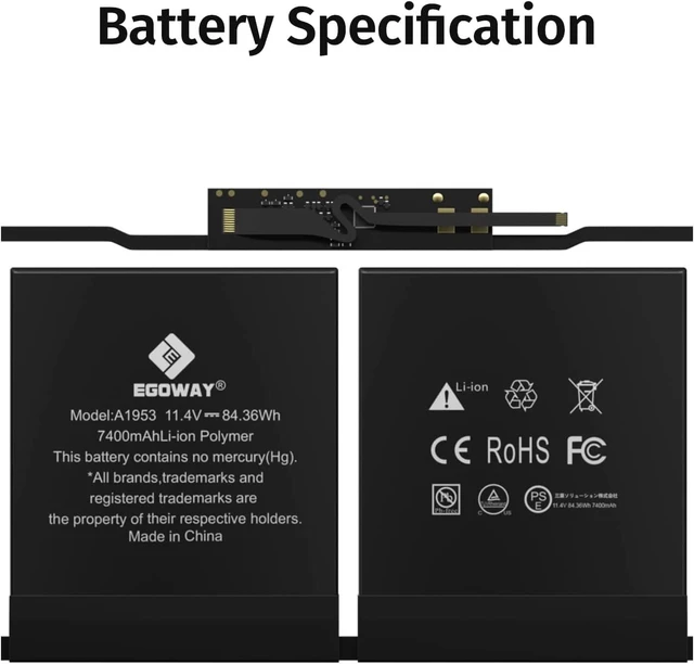 Alt view image 2 of 6 - A1990 Laptop Battery, Egoway A1953 Replacement for MacBook Pro 15 inch Touch Bar A1990 (Mid 2018, 2019), EMC 3215 3359